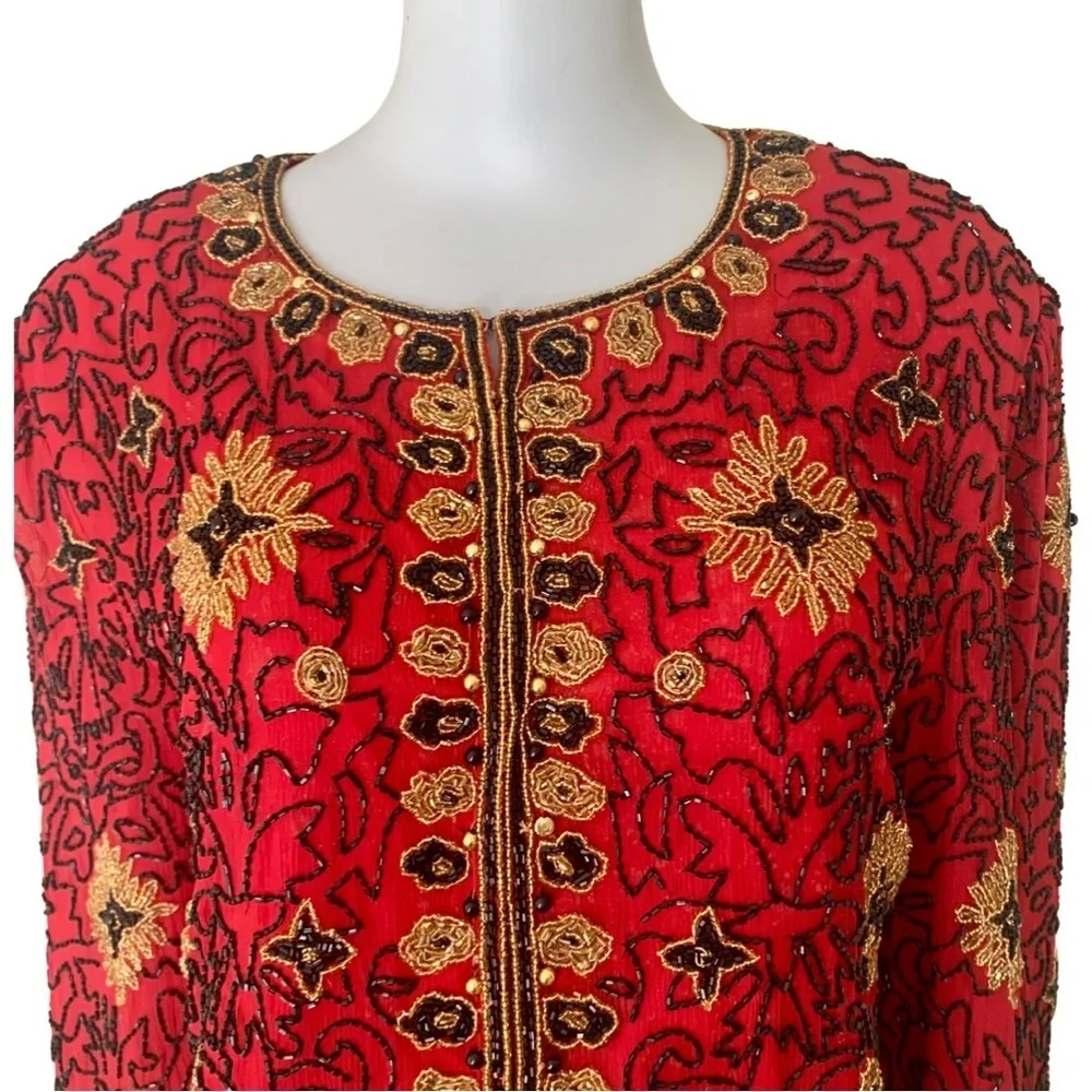 Adrianna Papell Boutique Evening Jacket Vintage 90’s Silk Beaded Red Gold 12 - Picture 3 of 16
